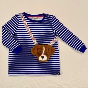Mini Boden Pocket Applique Shirt Girls 6-7 Y Dog Purse Stripes Long Sleeves Tee